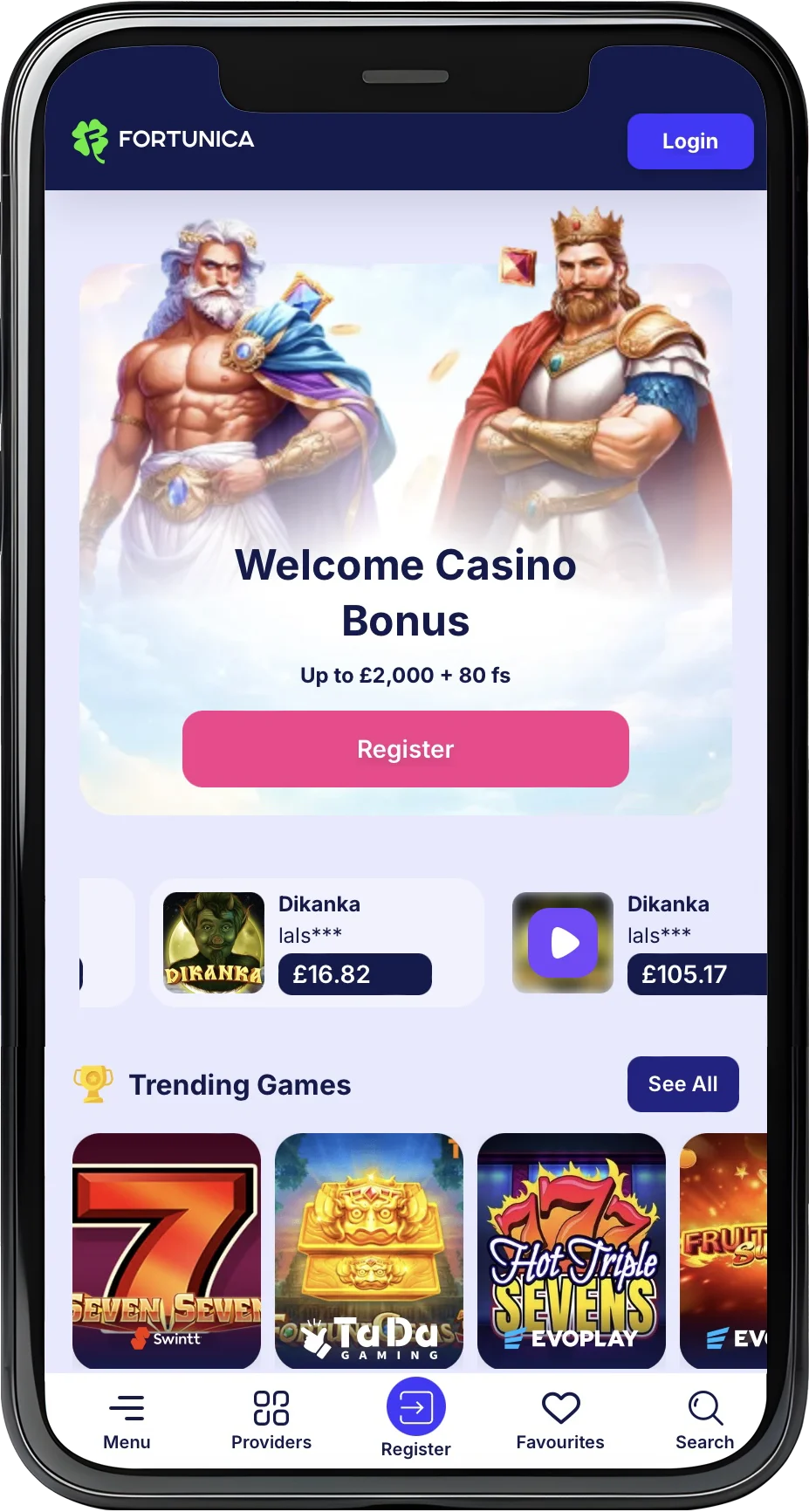 Fortunica Casino Homepage